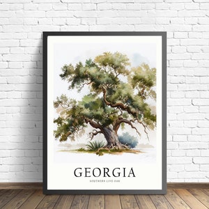 Impresión artística del árbol del estado de Georgia, arte de pared del roble vivo del sur, obra de arte del símbolo del árbol del estado