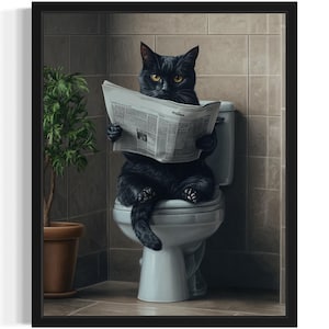 May include: A black cat sits on a white toilet, reading a newspaper. The cat is wearing a serious expression and has its paws resting on the newspaper. The toilet is in a bathroom with tiled walls.