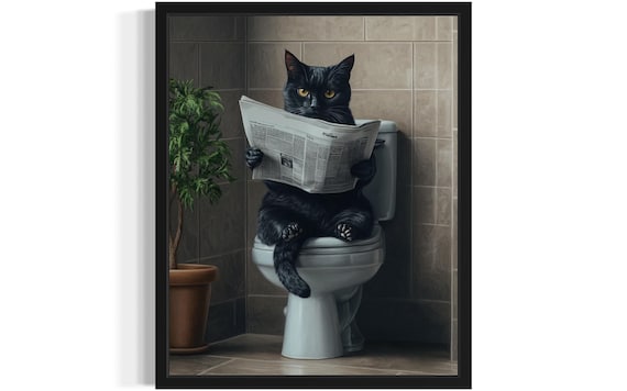 Cat Black on Toilet Poster Art Print, Cat Restroom Humor Wall Art Decor, Cat Lover, Pet Bathroom Decor