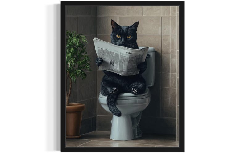 May include: A black cat sits on a white toilet, reading a newspaper. The cat is wearing a serious expression and has its paws resting on the newspaper. The toilet is in a bathroom with tiled walls.