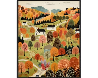 May include: A colorful illustration of a rural landscape with houses, trees, and a winding road. The trees are in shades of green, yellow, orange, and red, suggesting autumn. The houses are white with brown roofs. The road is white and leads to the center of the image.