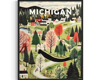 Mississippi and Motto Landscape Scenery Poster Art Print, American Folk Art Wall Art Decor, Naive Painting Gifts