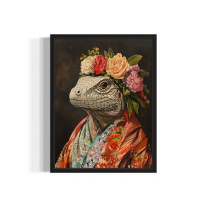 Iguana Poster Art Print, Animal Flowers in Kimono Wall Art Decor Painting Artwork