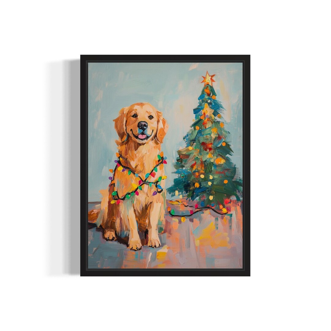 Golden Retriever Dog Tangled in Christmas Lights Poster Art Print ...