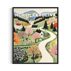 Póster artístico con paisaje de Carolina del Norte y lema, decoración de pared con arte popular estadounidense, regalos de pintura ingenua