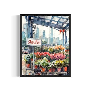 Shenzhen China Flower Market Poster Art Print, Neutral Botanical Pastel Artwork Wall Art Painting Bedroom, Restroom Decor