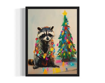 Raccoon Tangled in Christmas Lights Poster Art Print, Animals Wall Art Painting Decor, Holiday Season Xmas Posters