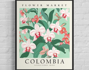 Colombia Flower Market Art Print, Colombia Flower, Orchid Wall Art, Botanical Pastel Artwork