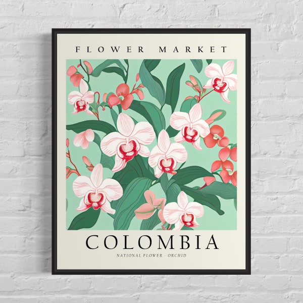 Kolumbien Blumenmarkt Kunstdruck, Kolumbien Blume, Orchidee Wandkunst, Botanische Pastell Malerei