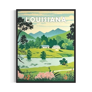 Louisiana and Motto Landscape Scenery Poster Art Print, American Folk Art Wall Art Decor, Naive Painting Gifts