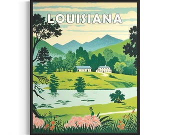 Póster artístico con paisaje de Luisiana y lema, decoración de pared con arte popular estadounidense, regalos de pintura ingenua
