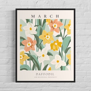 March Flower Month Art Print, Month Flower Market Poster, Daffodil 1960&#39;s Wall Art , Neutral Pastel Artwork