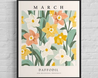 Impression d’art du mois des fleurs de mars, affiche du marché aux fleurs du mois, art mural de la jonquille des années 1960, œuvre d’art pastel neutre