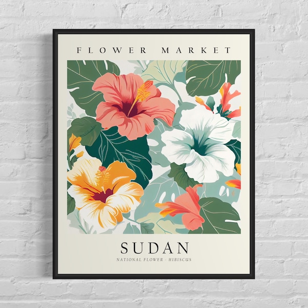 Sudan Flower Market Art Print, Sudan Flower, Hibiscus Wall Art, Botanical Pastel Artwork