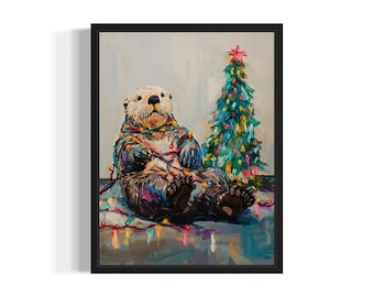 May include: A painting of a sea otter wearing a string of colorful Christmas lights, sitting in front of a decorated Christmas tree. The otter is smiling and looks happy.
