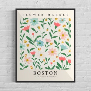 Boston Massachusetts Wild Flower Markt Kunstdruck, Boston Flower Wandkunst, Mayflower Botanische Pastell Kunstwerk