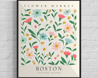 Boston Massachusetts Wild Flower Markt Kunstdruck, Boston Flower Wandkunst, Mayflower Botanische Pastell Kunstwerk