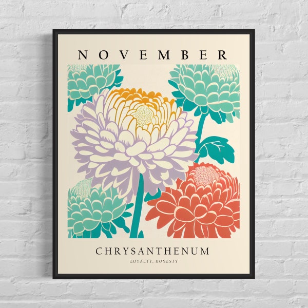 November Flower Month Art Print, Month Flower Market Poster, Chrysanthenum 1960's Wall Art , Neutral Pastel Artwork