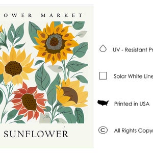 May include: A print featuring a stylized illustration of sunflowers in shades of yellow, orange, and green. The print has the text "FLOWER MARKET" and "SUNFLOWER" at the top and bottom, respectively. The print also includes the text "UV - Resistant Print", "Solar White Linen Paper", "Printed in USA", and "All Rights Copyrighted".