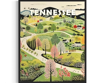 Tennessee and Motto Landscape Scenery Poster Art Print, American Folk Art Wall Art Decor, Naive Painting Gifts