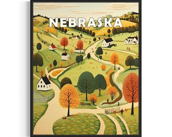 Nebraska and Motto Landscape Scenery Poster Art Print, American Folk Art Wall Art Decor, Naive Painting Gifts