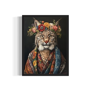 Luchs Poster Kunst Druck, Tier Blumen im Kimono Wand Kunst Dekor Malerei Kunstwerk
