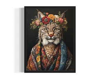 Lynx Poster Art Print, Animal Flowers in Kimono Wall Art Decor Painting Artwork