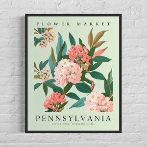 Impresión artística de flor del estado de Pensilvania, mercado de flores de Pensilvania, arte mural de laurel de montaña de los años 60, obra de arte botánica en tonos pastel neutros