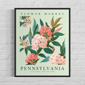 Pennsylvania State Flower, Pennsylvania Flower Market Art Print, Mountain Laurel 1960's Wall Art, Neutral Botanical Pastel Artwork