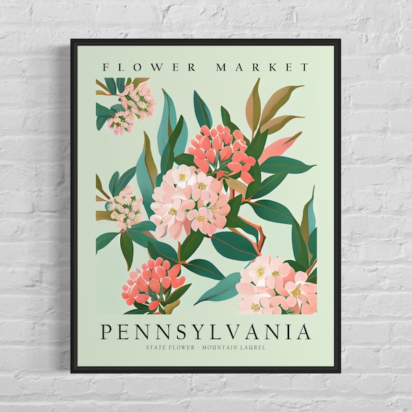 Pennsylvania State Flower, Pennsylvania Flower Market Art Print, Mountain Laurel 1960's Wall Art, Neutral Botanical Pastel Artwork