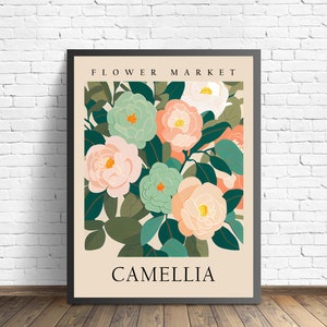 Camellia Flower Market Art Print, Camellia Wall Art, Botanical Pastel Artwork