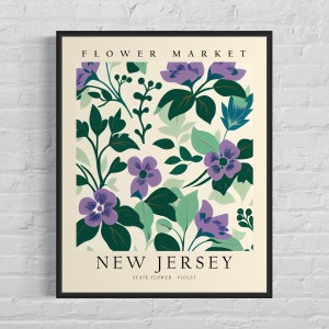 New Jersey State Flower, New Jersey Flower Market Art Print, violette jaren 60 muurkunst, neutraal botanisch pastelkunstwerk