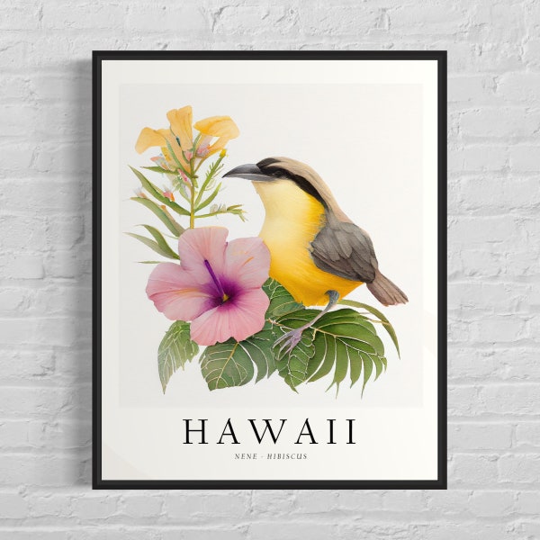 Hawaii State Bird Art Print, Hawaii State Flower, Hawaii Wall Art, Home Decor