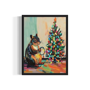 Squirrel Tangled in Christmas Lights Poster Art Print, Animals Wall Art Painting Decor, Holiday Season Xmas Posters