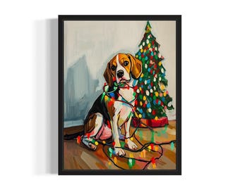 Beagle Dog Tangled in Christmas Lights Poster Art Print, Animals Wall Art Painting Decor, Holiday Season Xmas Posters