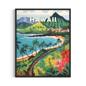 Hawaii and Motto Landscape Scenery Poster Art Print, American Folk Art Wall Art Decor, Naive Painting Gifts