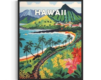 Póster artístico con paisaje de Hawái y lema, decoración de pared con arte popular estadounidense, regalos de pintura ingenua