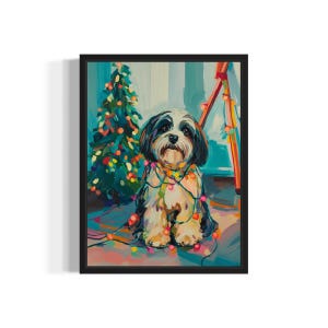 Havanese Dog Tangled in Christmas Lights Poster Art Print, Animals Wall Art Painting Decor, Holiday Season Xmas Posters