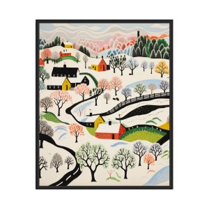 Bright Winter Scenery Landscape Poster Art Print, American Folk Art Wall Art Decor, Naive Painting Gifts