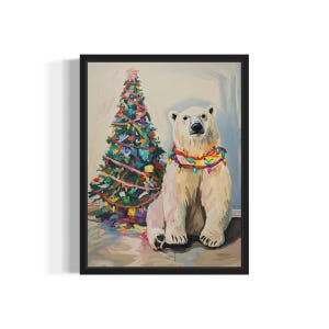 Polar Bear Tangled in Christmas Lights Poster Art Print, Animals Wall Art Painting Decor, Holiday Season Xmas Posters