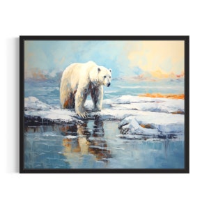 Polar Bear On Ice Poster Art Print, Winter Scenery Artwork Wall Art Painting
