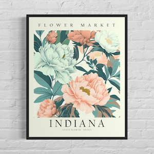 Impresión artística de flor del estado de Indiana, mercado de flores de Indiana, arte mural de peonías de los años 60, obra de arte botánica en tonos pastel neutros
