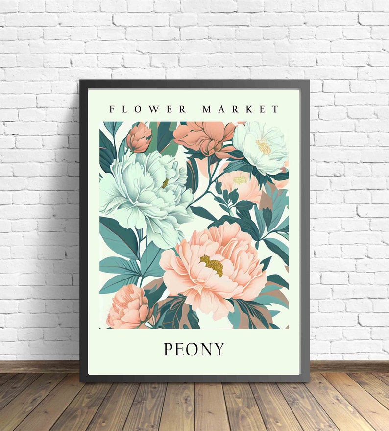 Może przedstawiać: Plakat z kwiatowym wzorem przedstawiającym r&oacute;żowe i białe piwonie z zielonymi liśćmi. Plakat zawiera tekst "FLOWER MARKET" u g&oacute;ry i "PEONY" na dole.