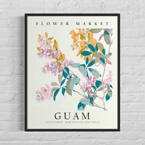 Guam State Flower, Guam Flower Market Art Print, Bougainvillea Spectabilis 1960's Wall Art , Neutral Botanical Pastel Artwork