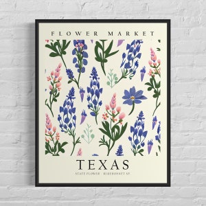 Impresión artística de la flor del estado de Texas, mercado de flores de Texas, Bluebonnet Sp. Arte mural de los años 60, obra de arte botánica en tonos pastel neutros