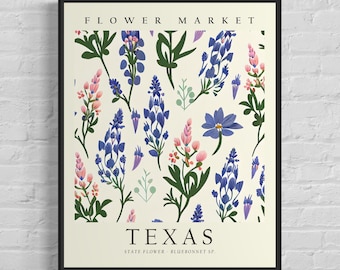 Texas State Flower, Texas Flower Market Art Print, Bluebonnet Sp. 1960&#39;s Wall Art , Neutral Botanical Pastel Artwork