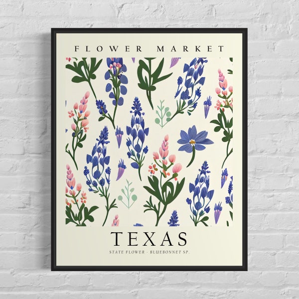 Texas State Flower, Texas Flower Market Art Print, Bluebonnet Sp. 1960's Wall Art , Neutral Botanical Pastel Artwork