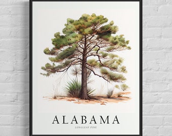 Impression d’art d’arbre d’état de l’Alabama, art mural de pin à longues feuilles de l’Alabama, œuvre d’art de symbole d’arbre d’état