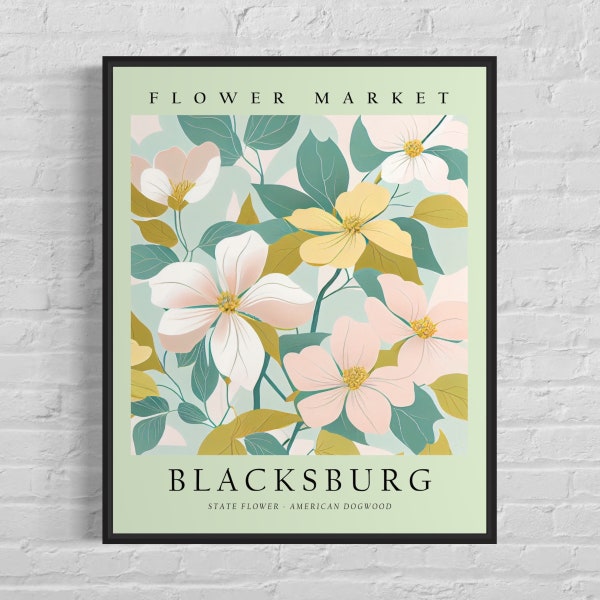 Blacksburg Virginia Wild Flower Market Art Print, Blacksburg Flower, American Dogwood Wall Art, Botanical Pastel Artwork