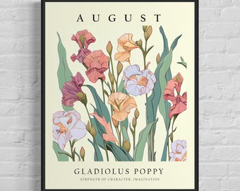 August Flower Month Art Print, Month Flower Market Poster, Gladiolus Poppy 1960's Wall Art , Neutral Pastel Artwork